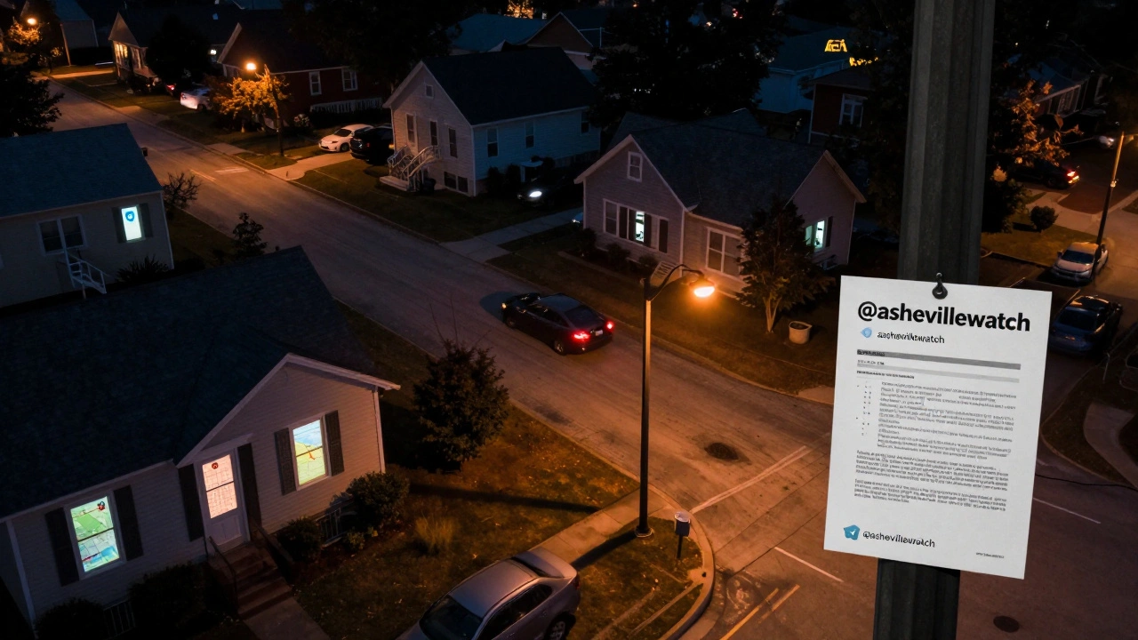 Multiple homes in a quiet neighborhood with residents viewing the same local Telegram news channel at dusk.