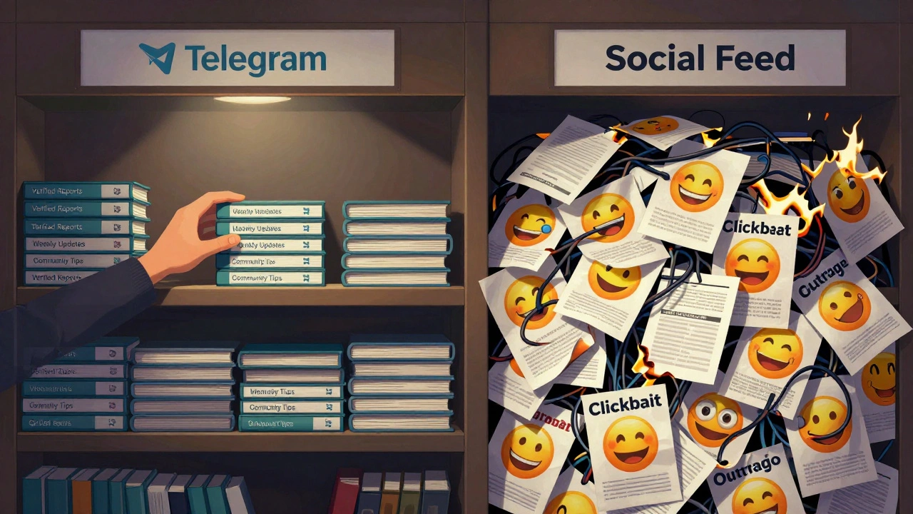 Neatly organized information on one shelf versus chaotic, viral clickbait on another, symbolizing human vs algorithmic curation.