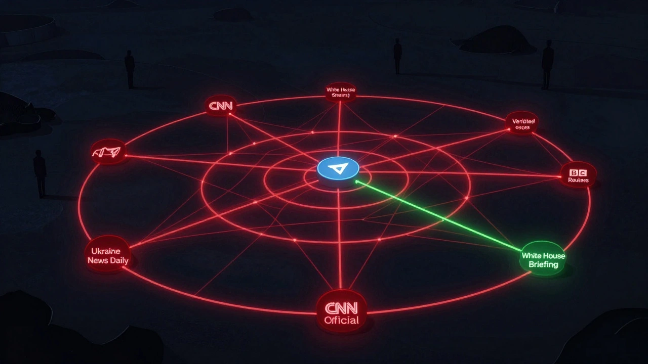 Network diagram of interconnected Telegram channels with red lines forming a web, contrasted by a single green line to verified news sources.