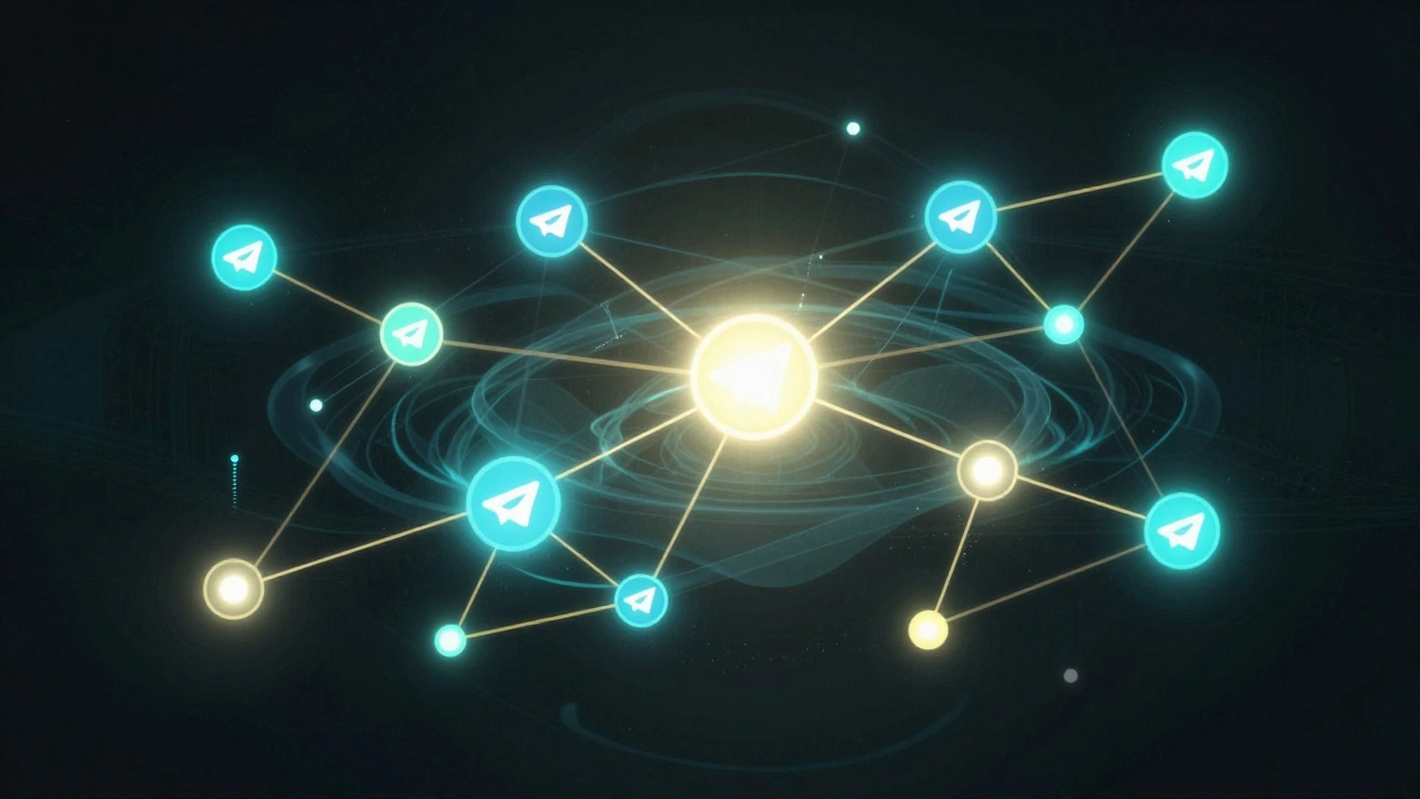 Network of glowing nodes representing Telegram news channels and their citations to each other.