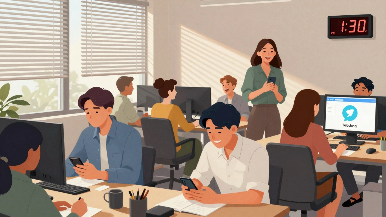 Office workers reacting to a Telegram meme during lunch break, sunlight through blinds.