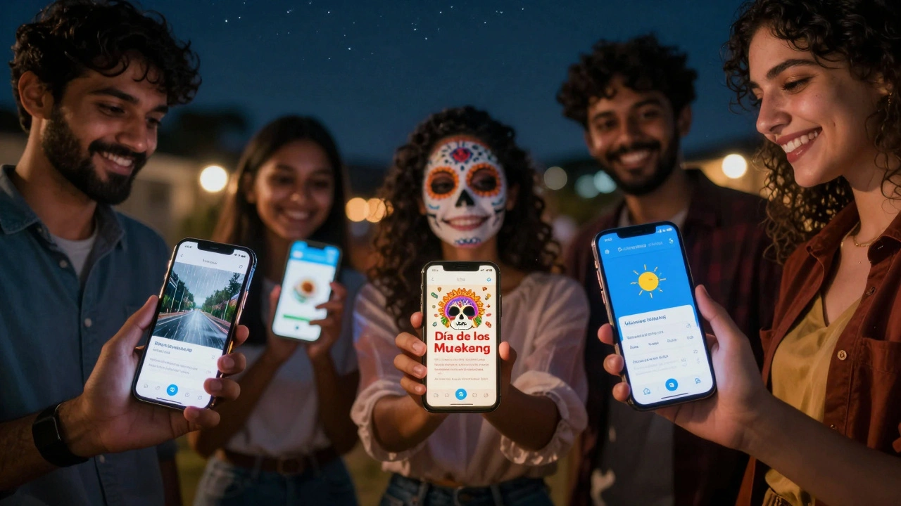 People from India, Mexico, and Germany smiling at their phones as they receive culturally tailored Telegram posts at night.