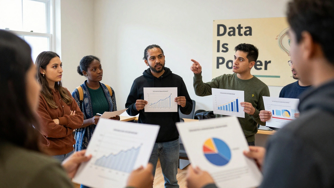 People in a community center discussing data visualizations about school closures and budgets.