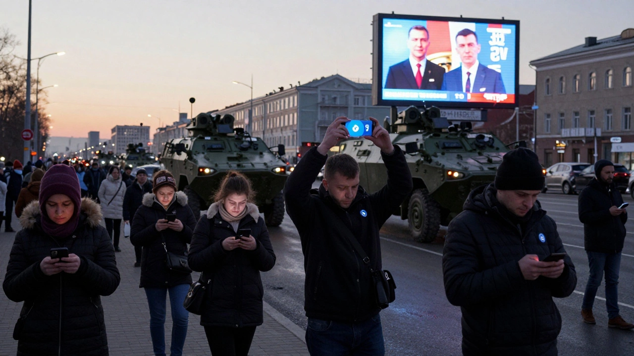 People in Moscow view unfiltered video of military vehicles on their phones, while state TV propaganda plays on a distant billboard.
