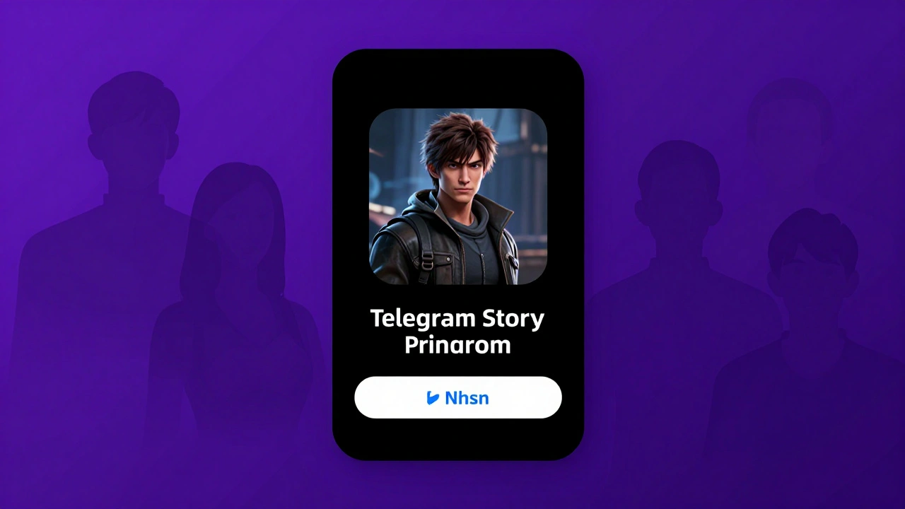 Permanent Telegram Story with teaser image and clickable link, surrounded by faint viewer silhouettes.