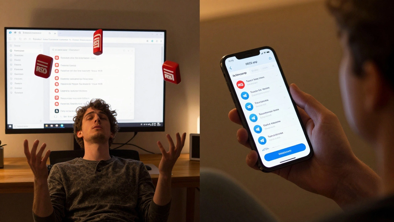 Person comparing manual feed checking with automated Telegram news updates.