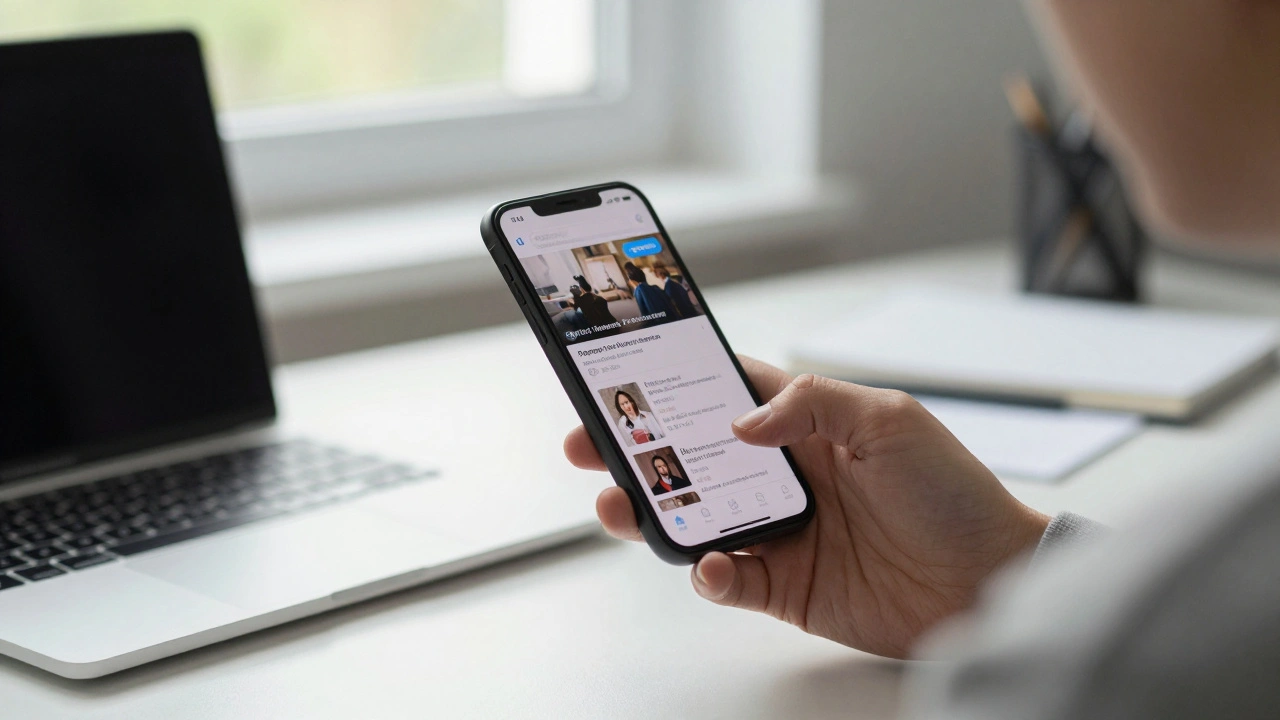 Person scrolling through a muted Telegram channel during lunch, with a critical news badge visible on phone screen.
