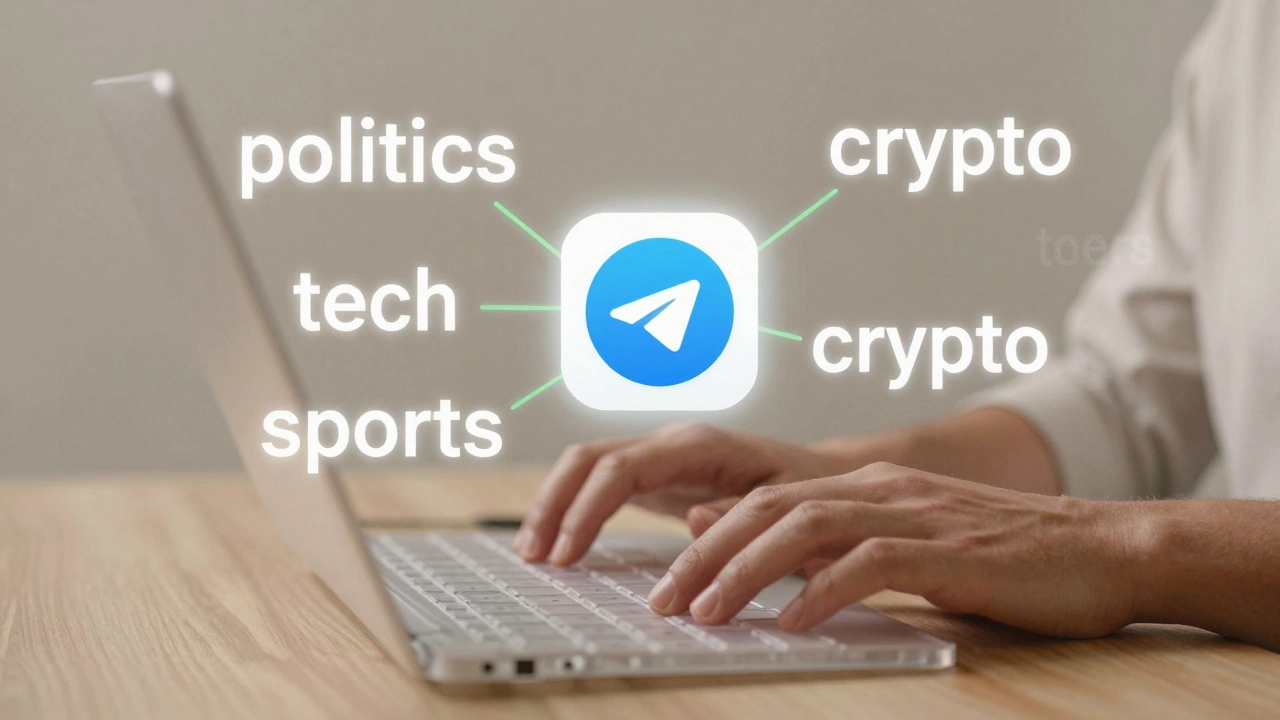 Person surrounded by floating topic labels, some connected and others detached, representing news subscriptions.