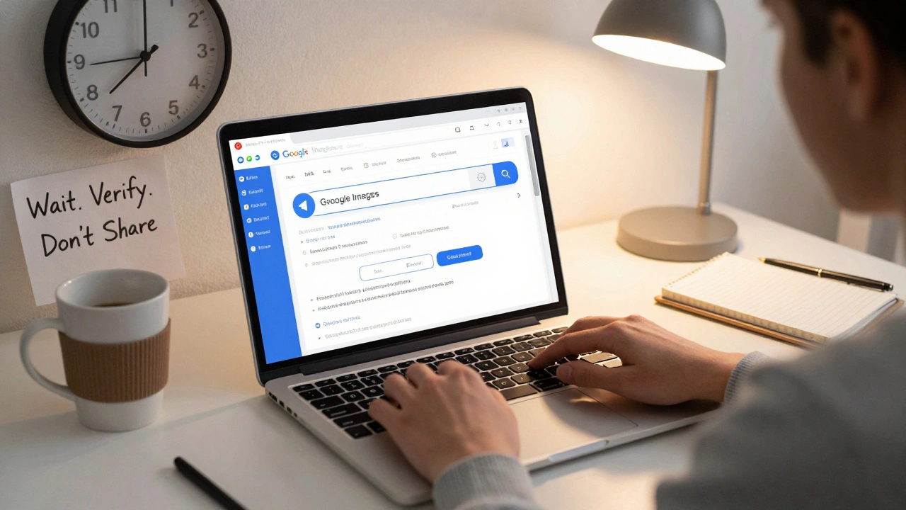 Person using a laptop to verify a suspicious image with Google Images and InVID, a clock showing 30 minutes passed on the desk.