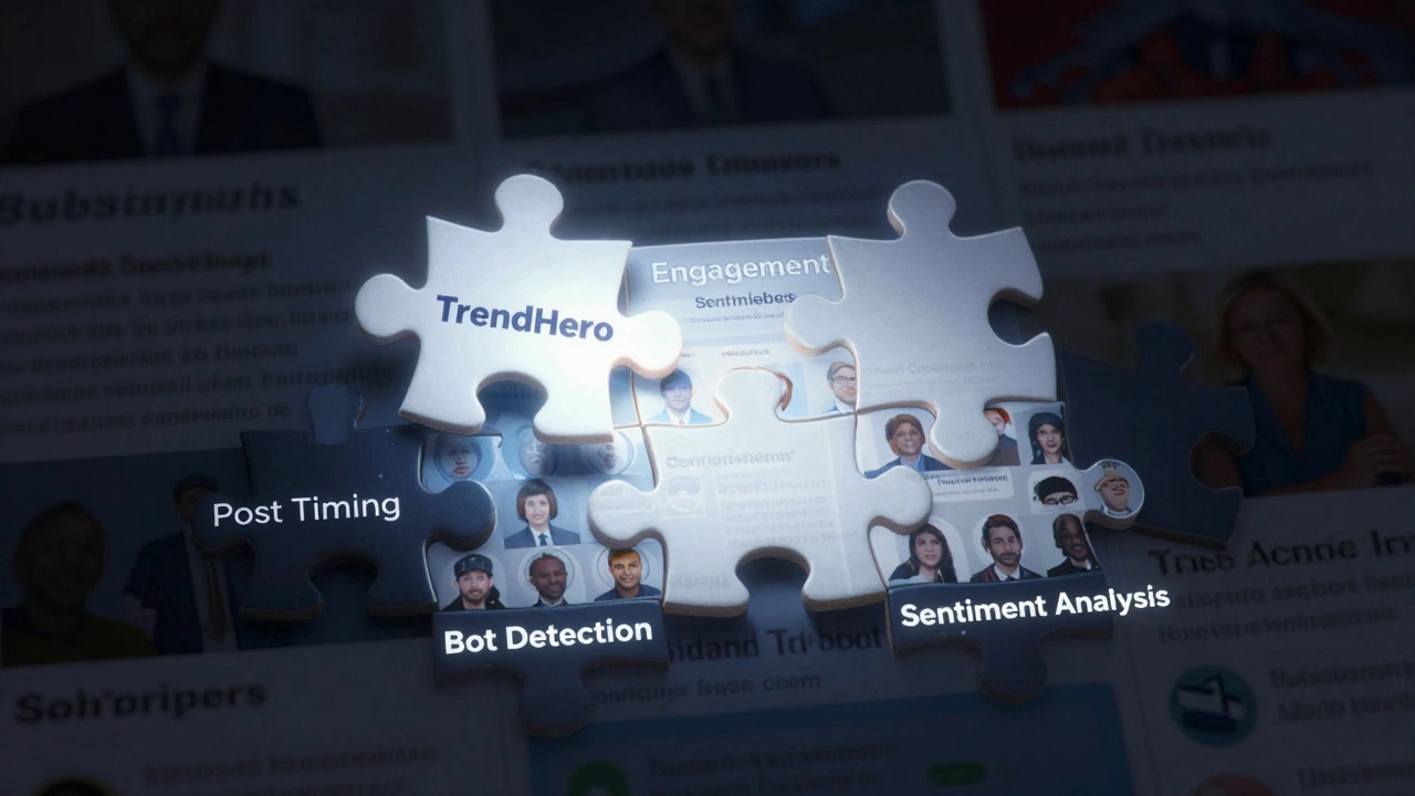 Puzzle coming together to form a healthy audience, with bot detection piece glowing among other analytics elements.
