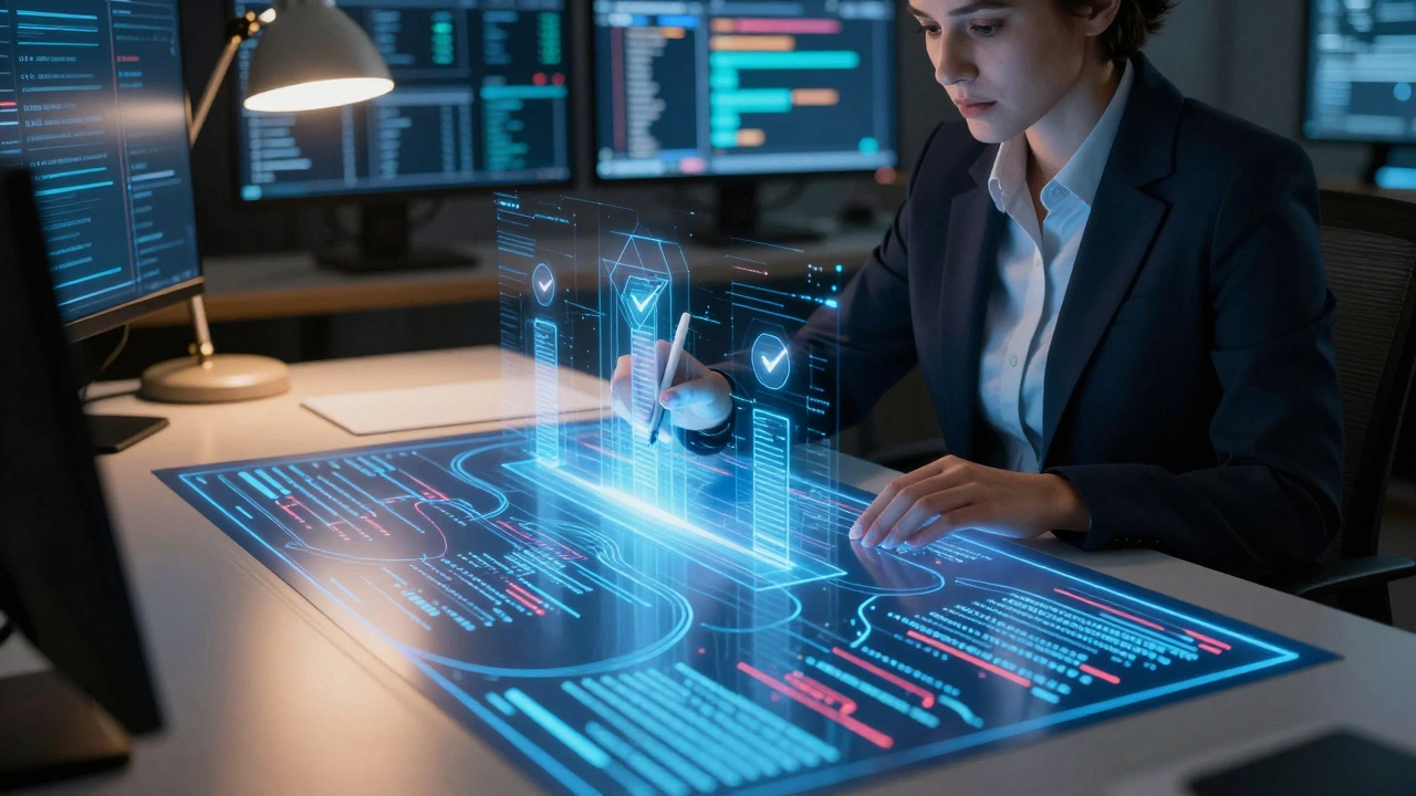 Reporter analyzing abstract data streams in a dim newsroom