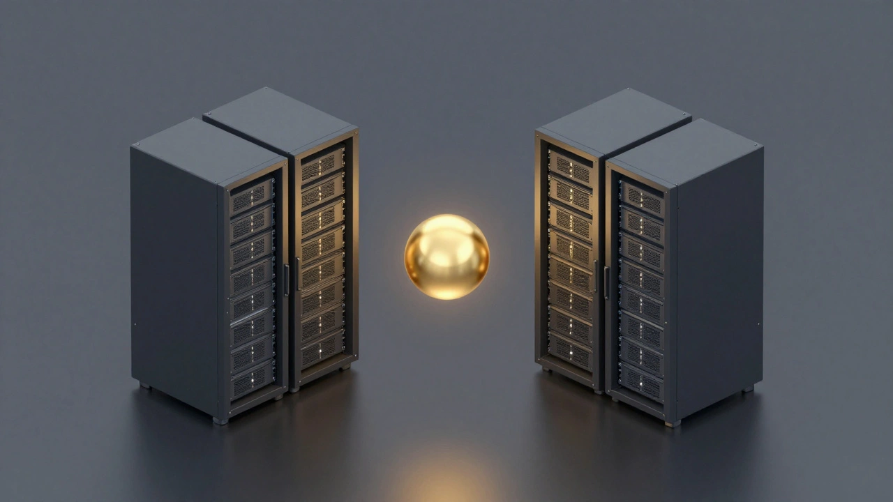 Server racks exchanging data orbs showing collaboration