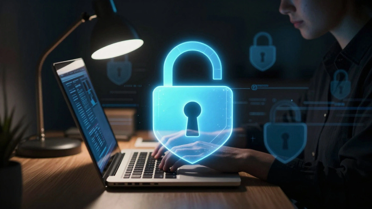 Shadowed figure working with cybersecurity visual themes