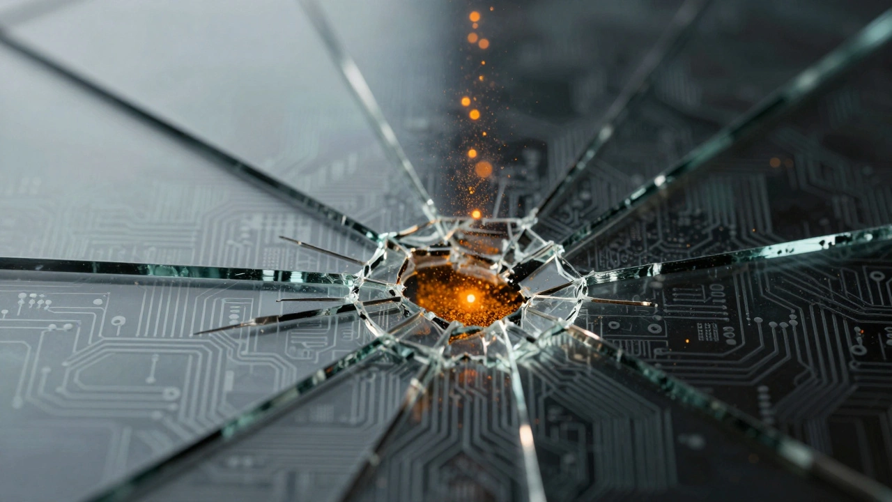 Shattered glass with glowing digital debris representing data traces