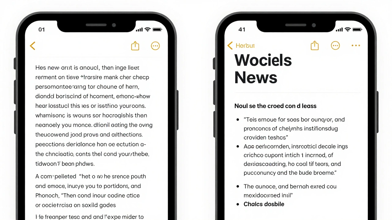 Side-by-side comparison: cluttered text vs. cleanly formatted news for mobile scrolling.