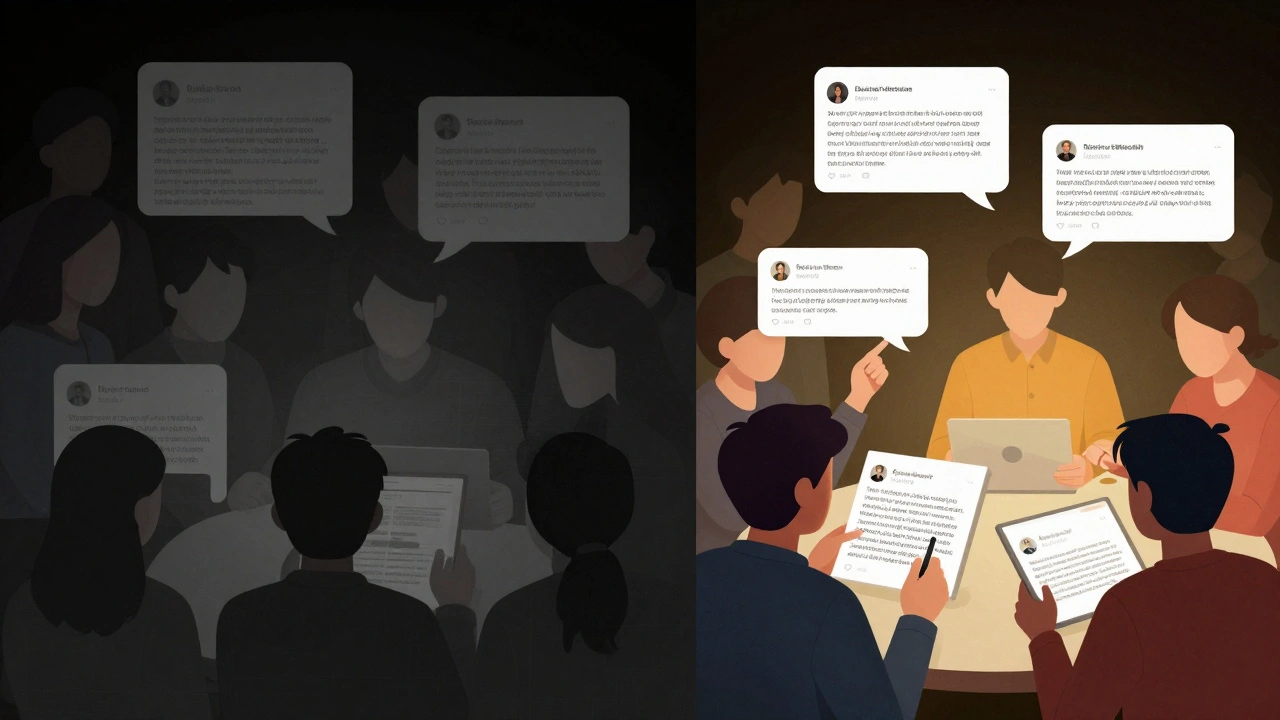 Small group of engaged readers actively interacting with news content while others remain passive.