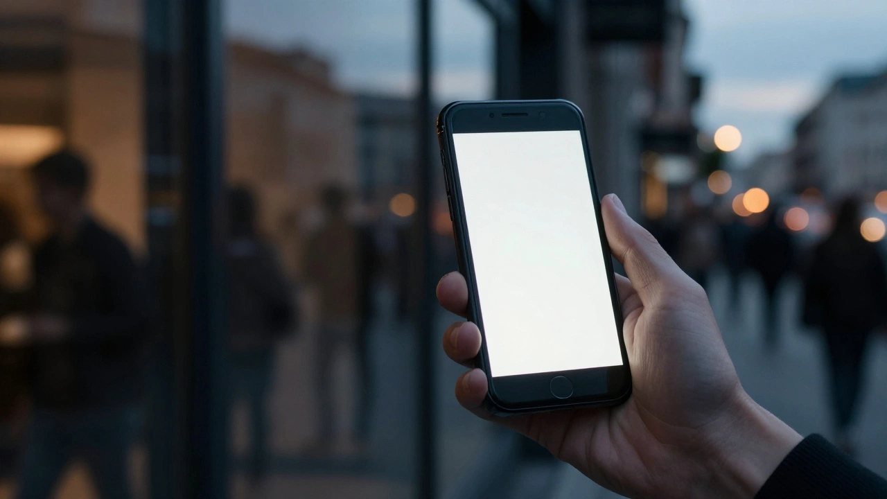 Smartphone glowing in hand reflecting tense urban crowd scene.