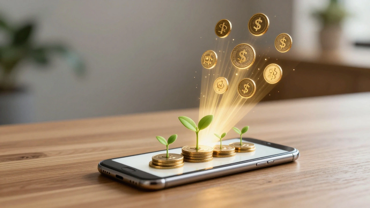 Smartphone light transforming into growth symbols