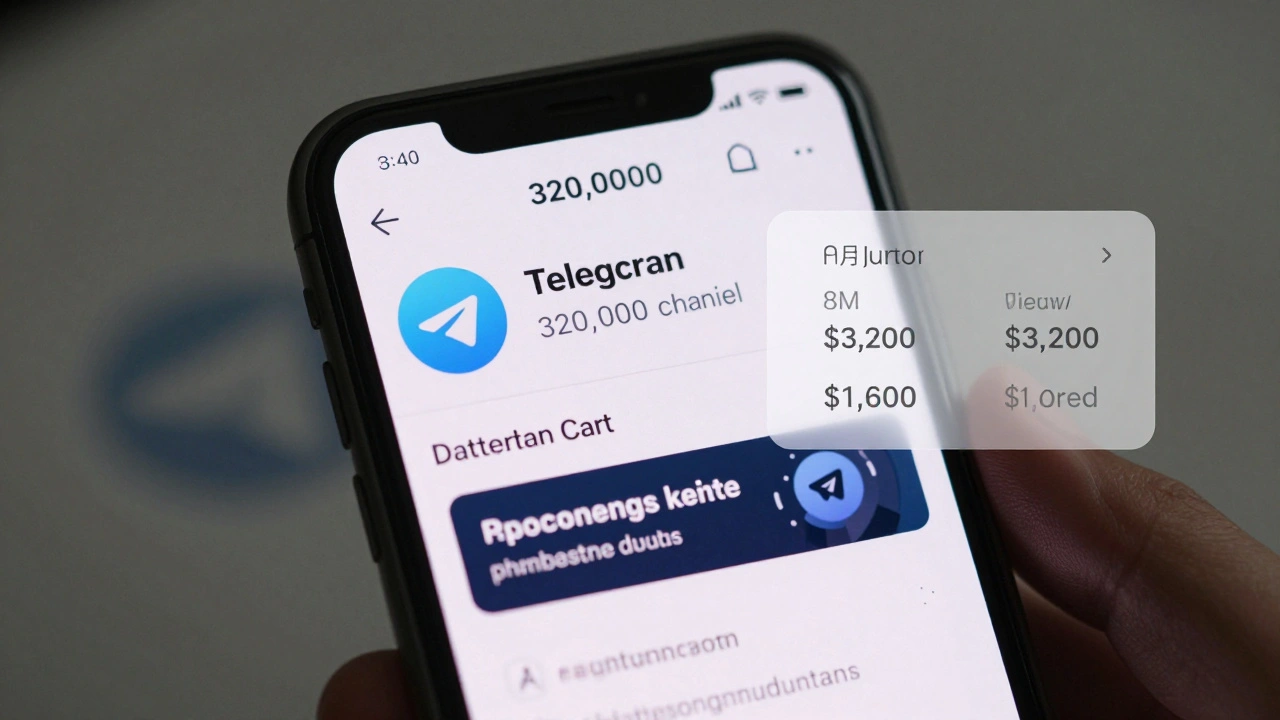 Smartphone screen displaying a popular Telegram channel with 320,000 subscribers and a sponsored message, overlaid with monthly view and revenue stats.