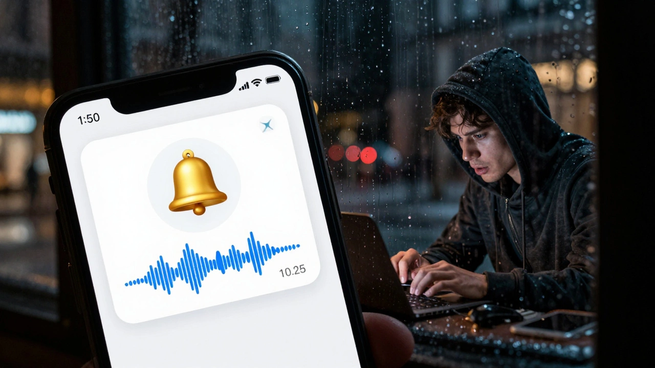Smartphone showing a Telegram voice alert with gold bell emoji, reflecting a journalist working at night.