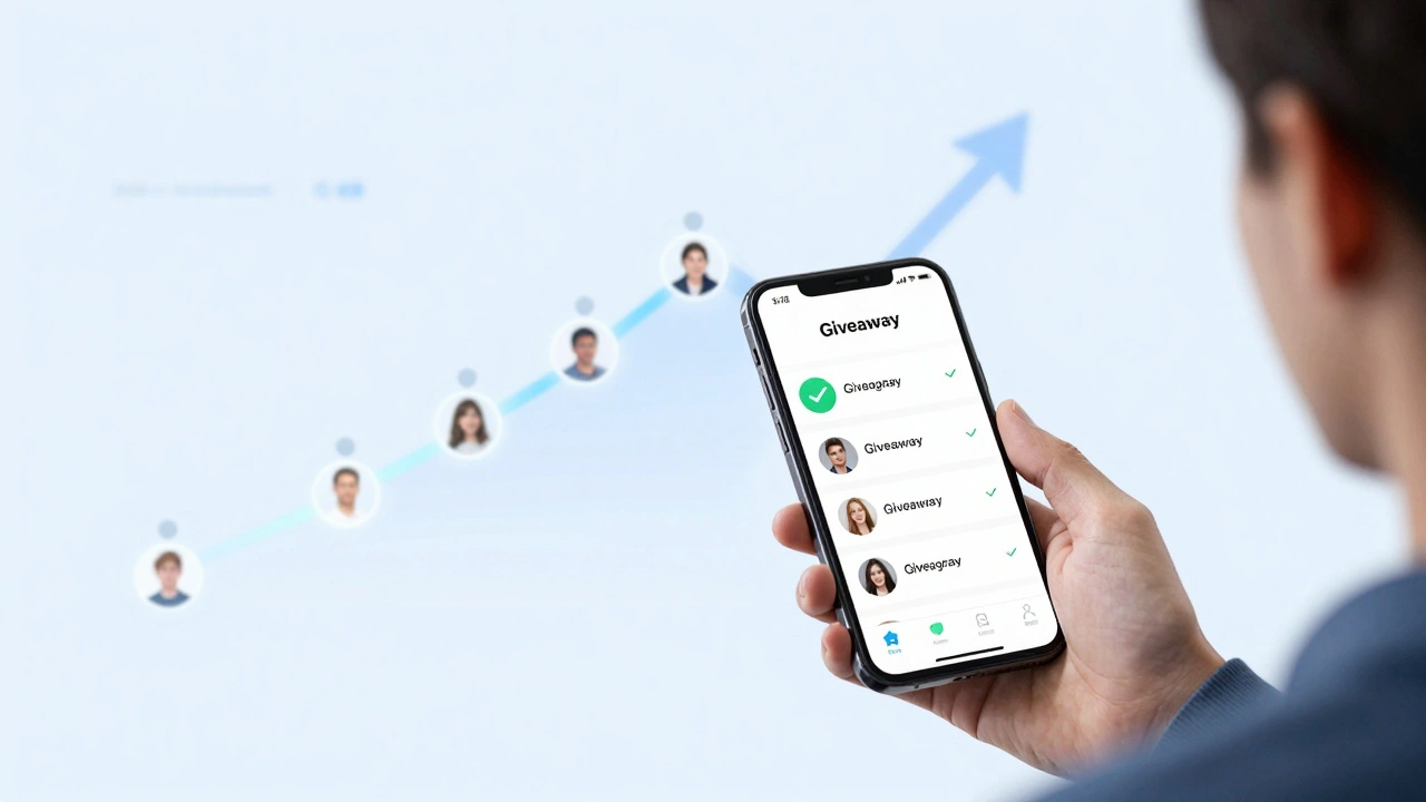 Someone forwarding a Telegram giveaway post to three friends, with a growing subscriber counter in the background.
