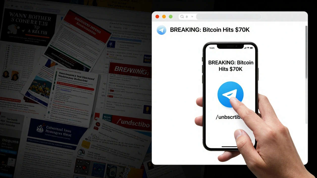 Split-screen: cluttered email inbox vs. clean Telegram news update.