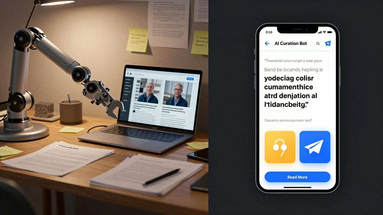 Split-screen comparison of chaotic reposting versus curated Telegram news post with visuals.