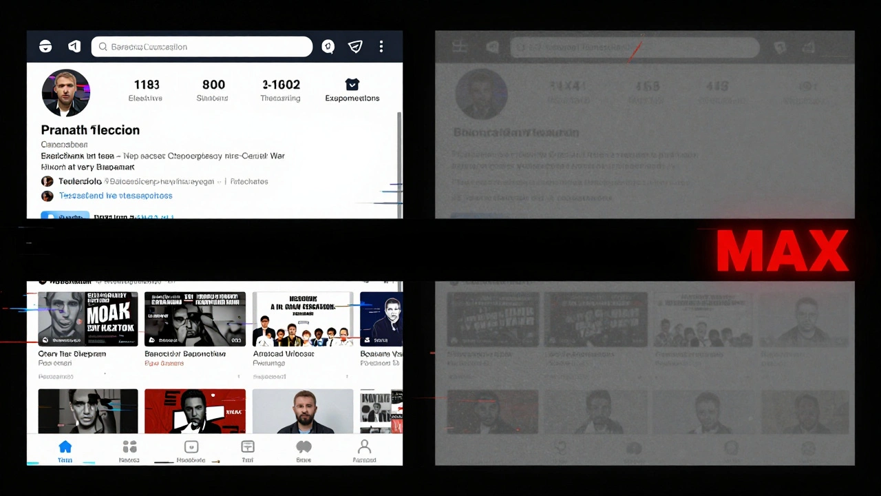 Split-screen showing an active Telegram channel on one side and a censored, grayed-out version with a state app logo on the other.