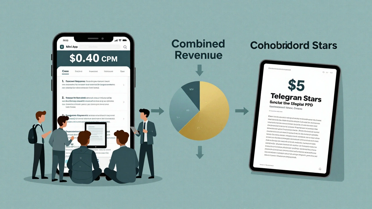 Split-screen showing reporters using a Mini App with ads on one side and a subscriber paying via Telegram Stars on the other.
