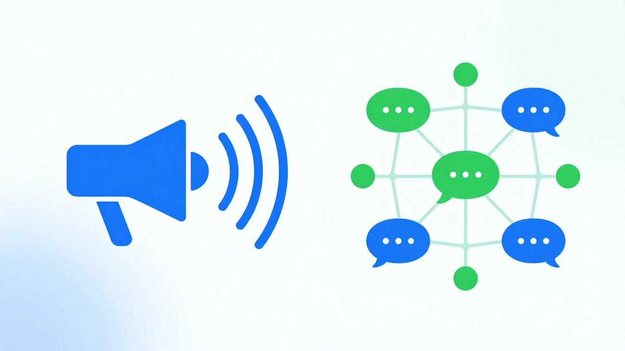 Symbolic graphic comparing broadcast and chat networks