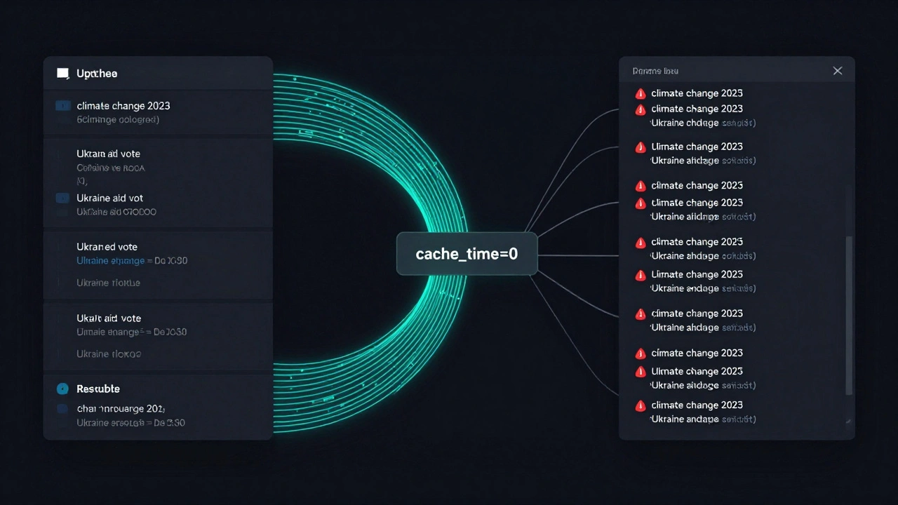Technical diagram of a news archive bot processing queries with cache_time=0, database, and script connections.