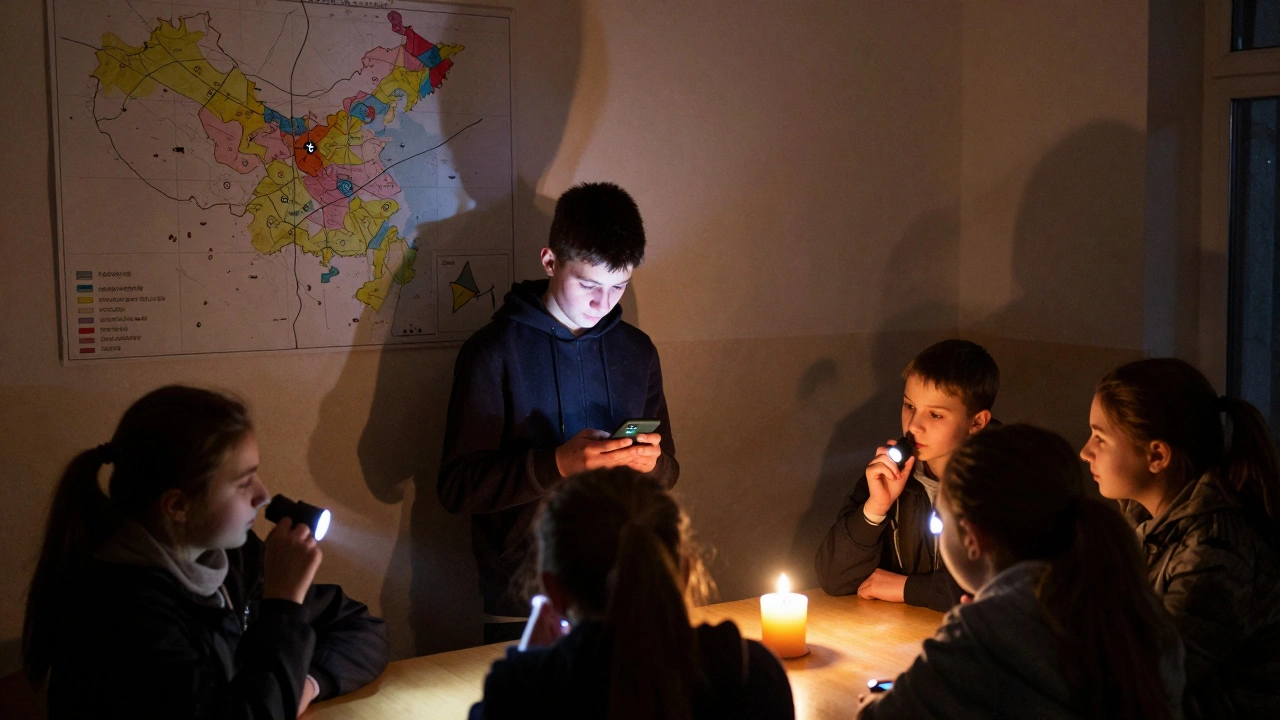 Teenager posting emergency updates on Telegram in a classroom during a winter blackout.