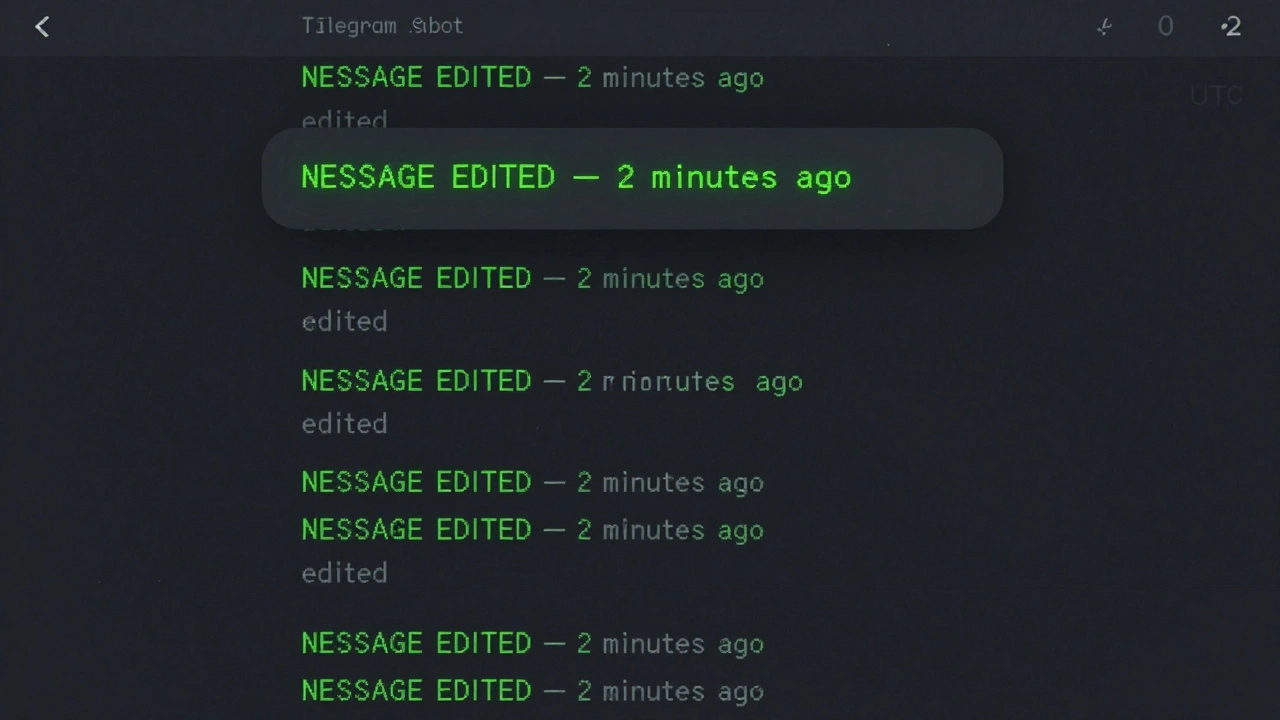 Telegram bot interface displaying real-time edit alert with scrolling messages and UTC timestamp.