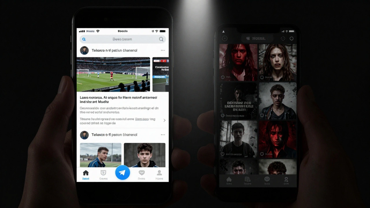 Telegram channel showing safe news content mixed with hidden graphic images.