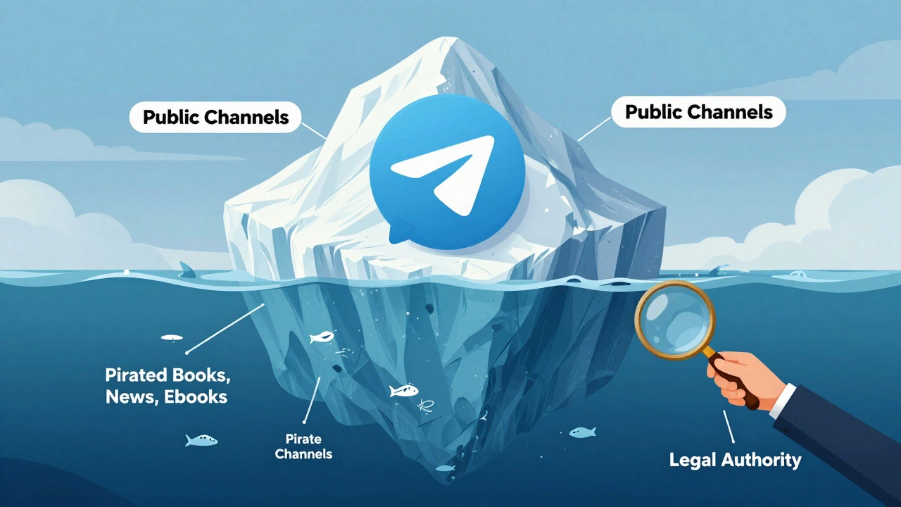 Telegram iceberg with hidden pirate channels below, legal authority figure pointing down.