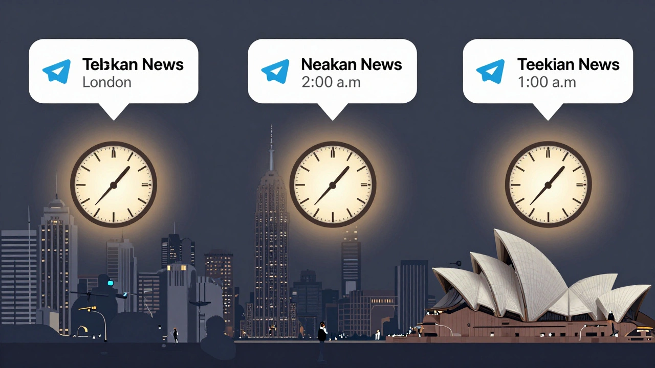 Three global cities at 7 a.m. local time, each with a Telegram alert bubble rising above silhouettes of commuters.