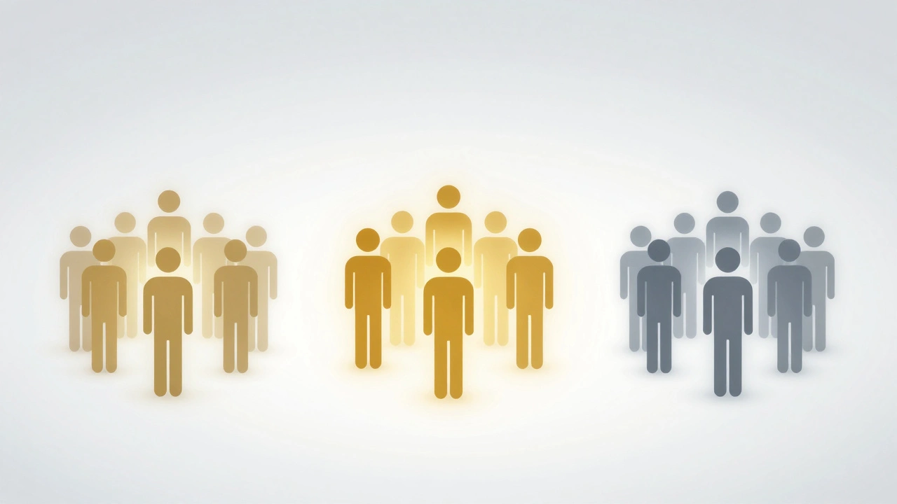 Three groups of silhouettes with different colored auras separated by space