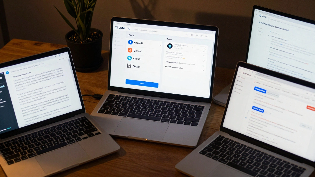 Three laptops displaying different AI translation tools — Telegram, Lufe.AI, and n8n.io — working together to process news content.