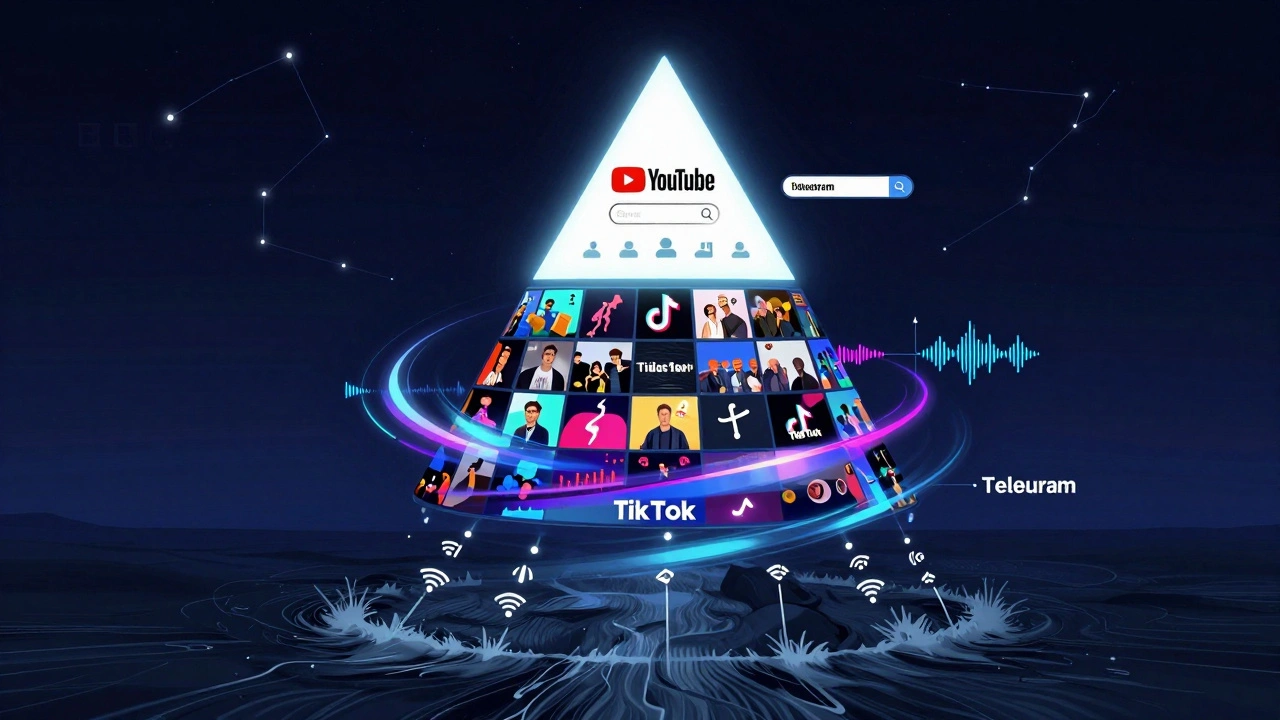 Three-layered pyramid illustrating Telegram, TikTok, and YouTube as interconnected parts of a news ecosystem.
