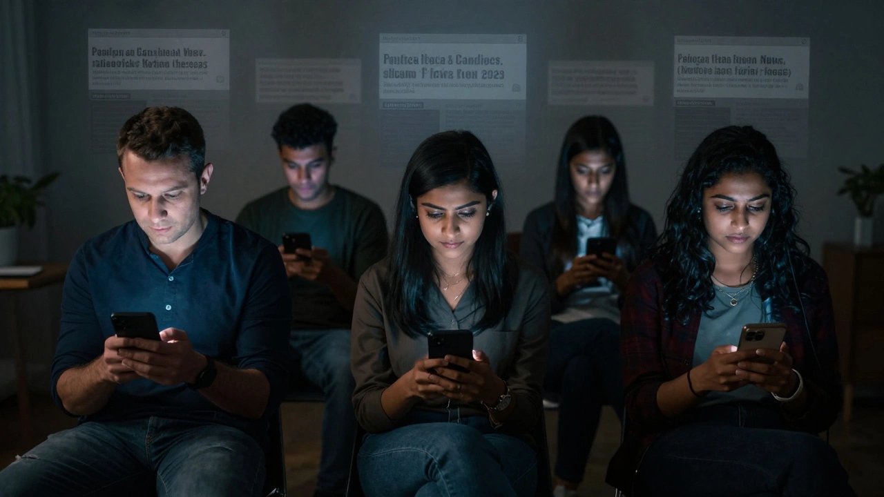 Three people in different countries alone with their phones, illuminated by Telegram news channels at night.