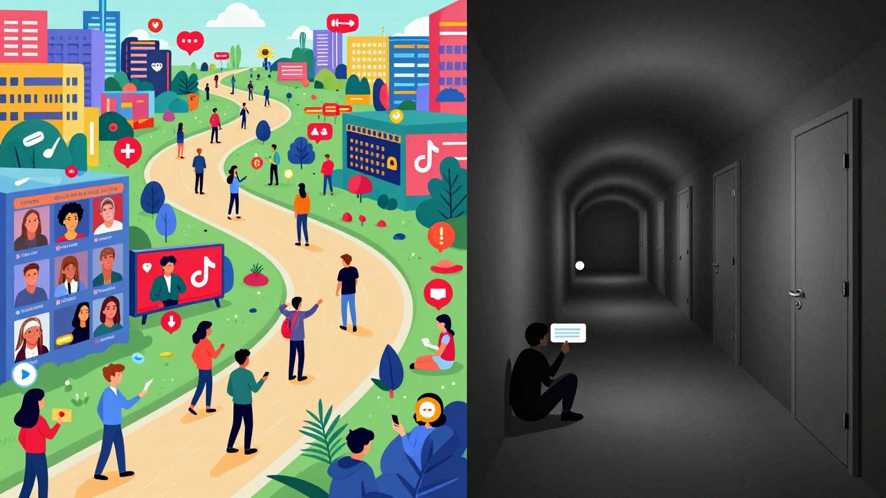 Two contrasting digital paths: one lively with viral videos and engagement, the other dark and isolated with encrypted messages.