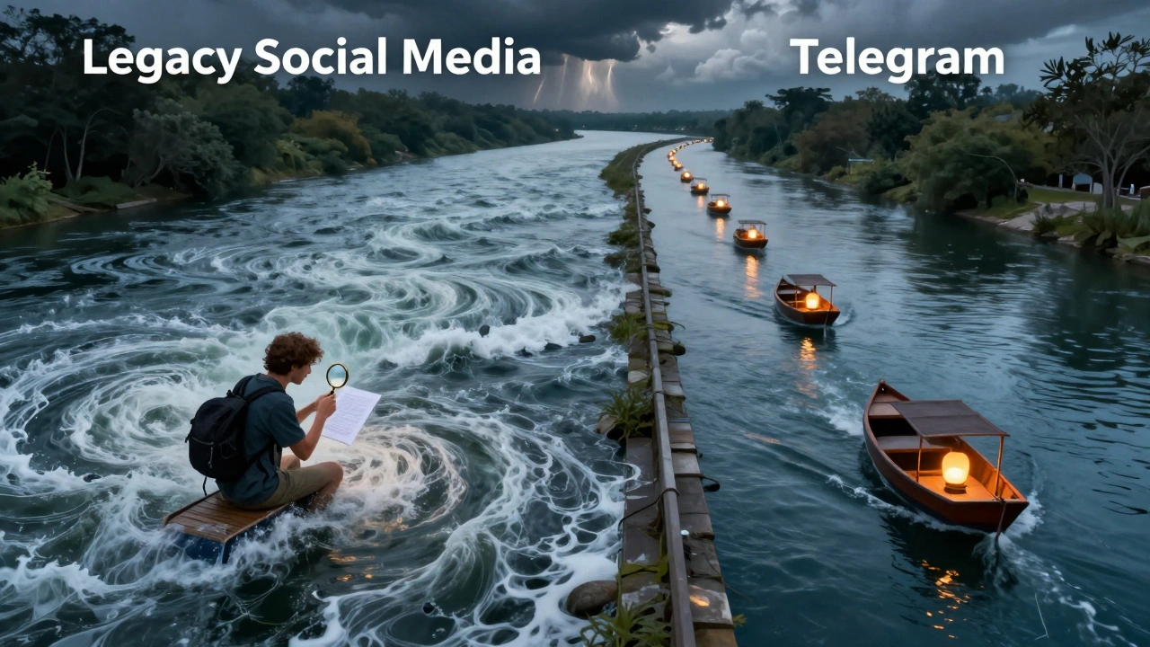 Two contrasting digital rivers: one chaotic with misinformation, the other clear with verified news channels as lantern-lit boats.