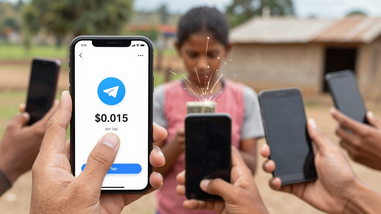 User tapping a Telegram Mini App to report a pothole, with micro-payments rising as sparks around the screen.