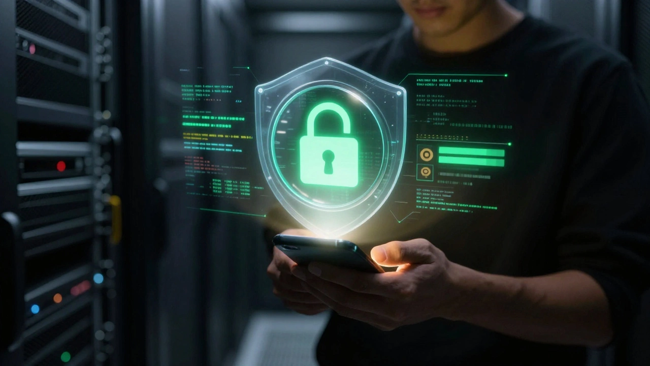 User with holographic search tool and security lock protecting data stream.