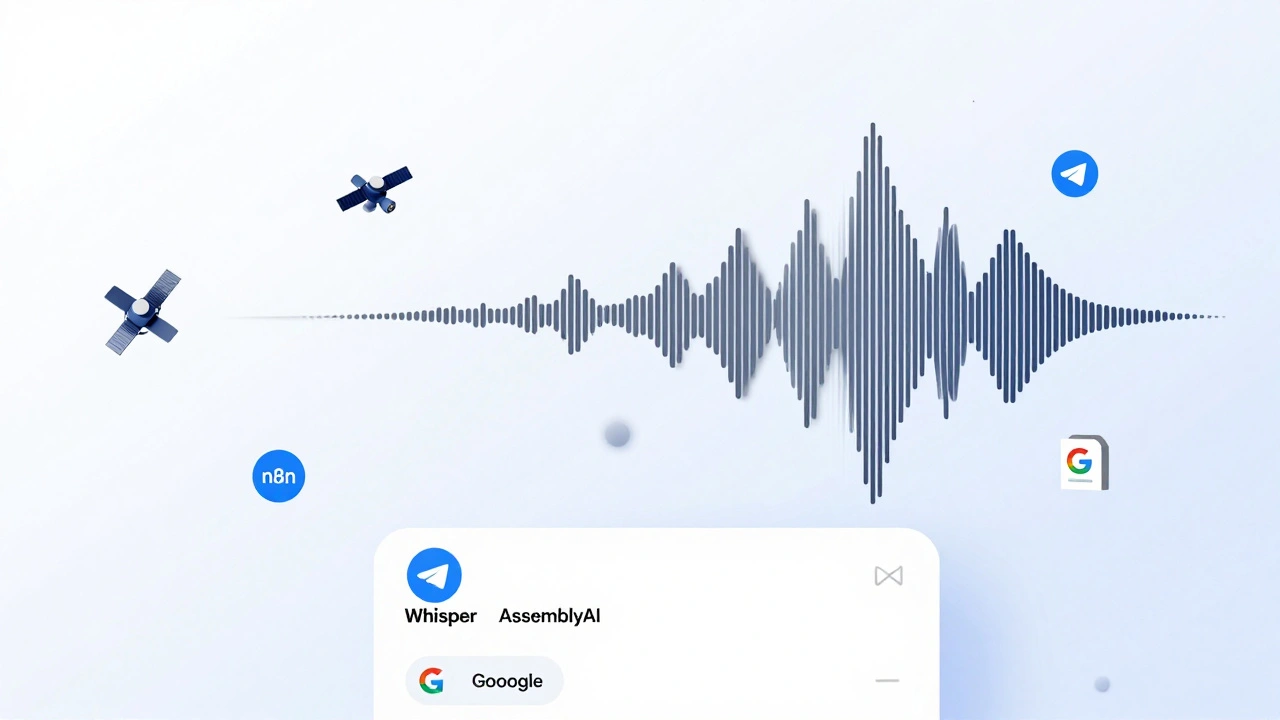 Voice waves transforming into text with AI tools orbiting around a Telegram interface.