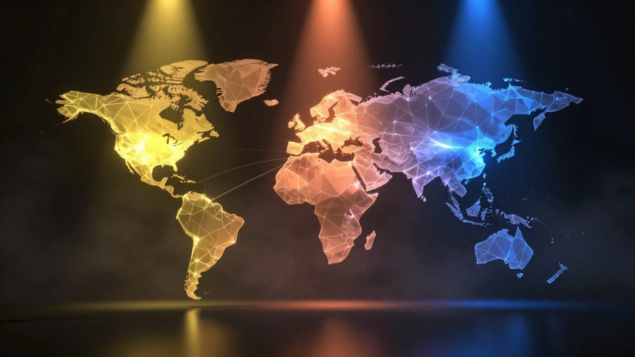 Wireframe map with three lights showing time zones