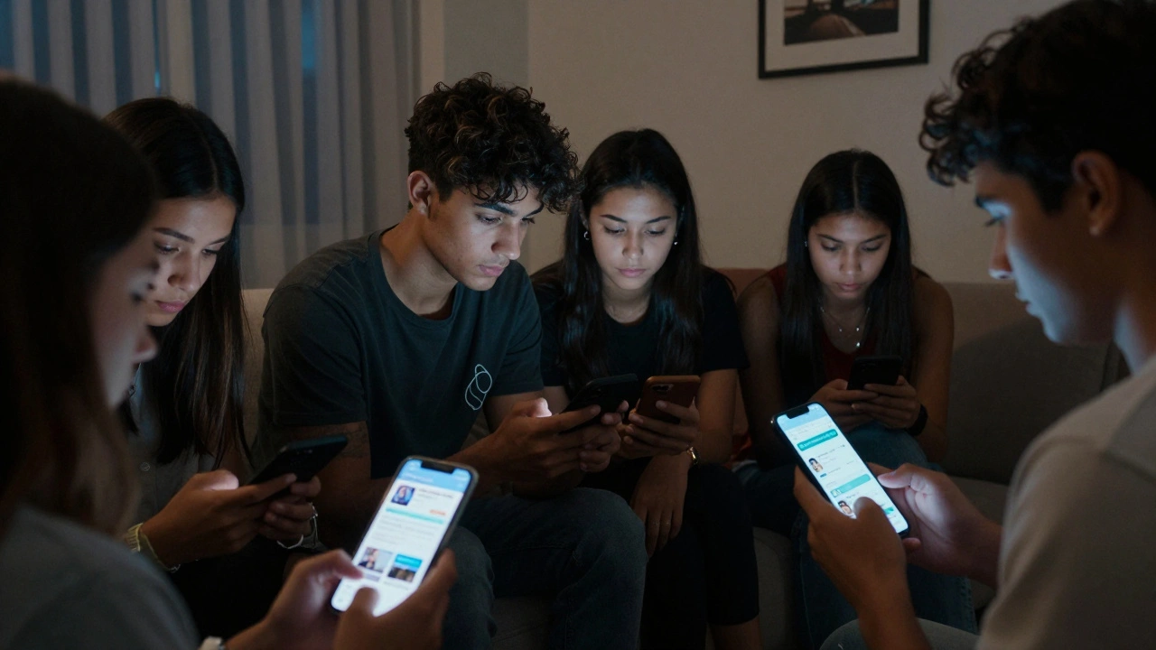 Young people using phones in a dim room, men and women engaging with different types of Telegram news content.