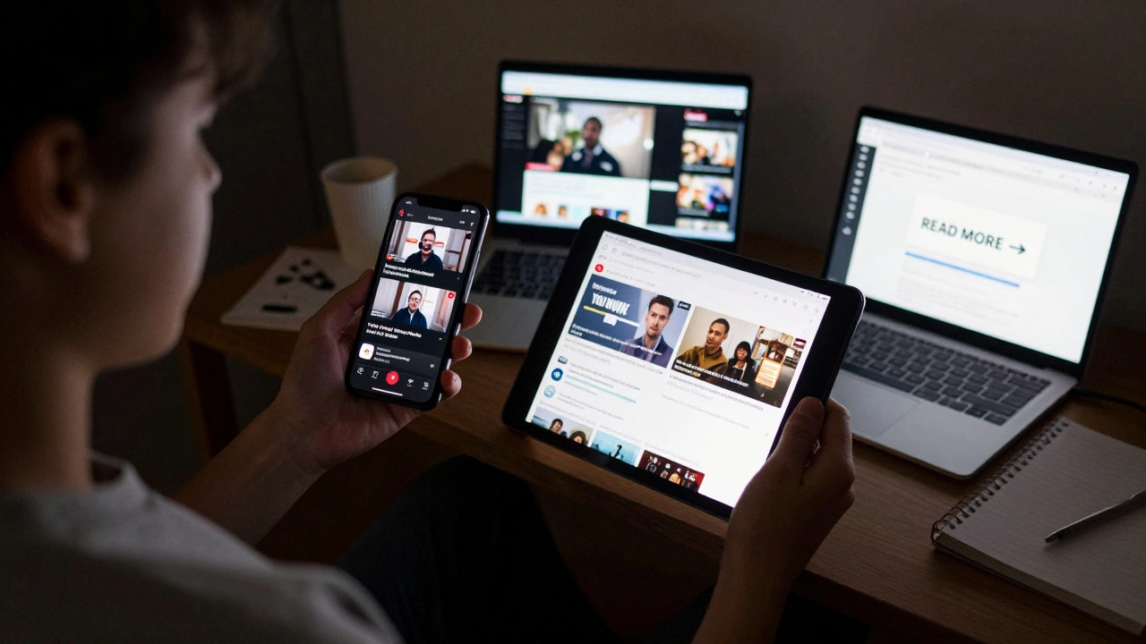 Young person consuming news across three devices: Telegram, TikTok, and YouTube in a bedroom setting.
