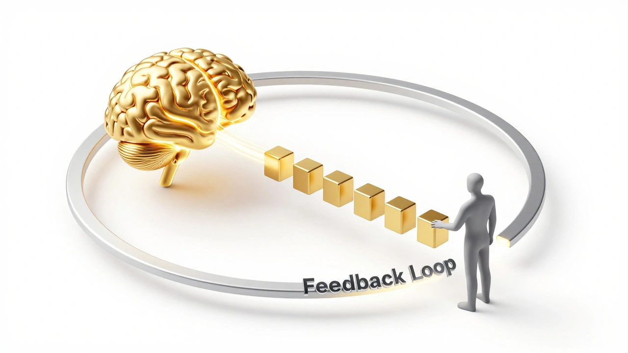 3D abstract loop showing a human correcting AI data to improve the model's accuracy.