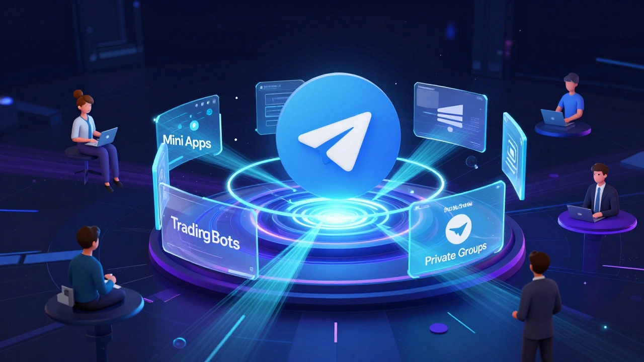 3D conceptual map of Telegram's financial ecosystem with bots and mini apps